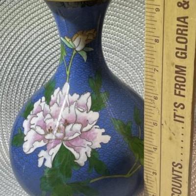 Gorgeous Chinese Cloisonne Blue Floral & Bird Enamel Vase 9" Tall in VG Preowned Condition.