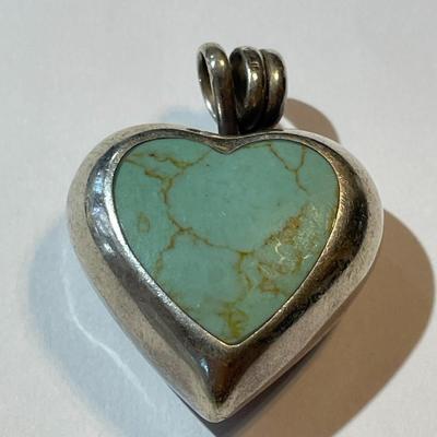 Vintage Sterling Silver Turquoise & Coral Inlaid Reversable Heart Pendant in Good Preowned Condition.