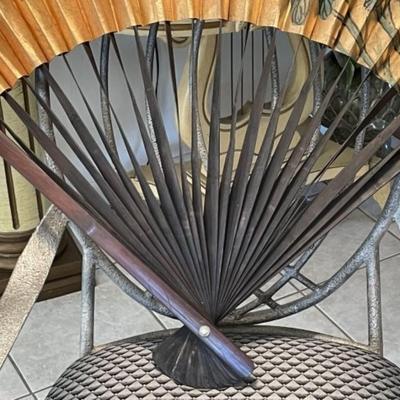 Vintage Asian Large 50" x 36" Hand Painted Rice Paper Wall Decor Fan in Good Preowned Condition.