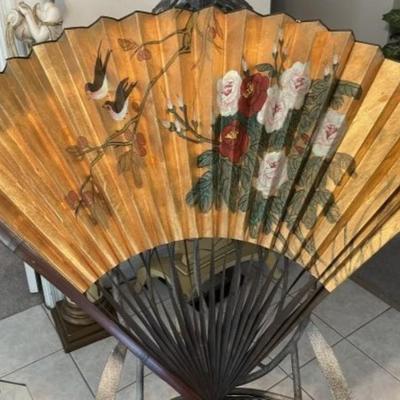 Vintage Asian Large 50" x 36" Hand Painted Rice Paper Wall Decor Fan in Good Preowned Condition.