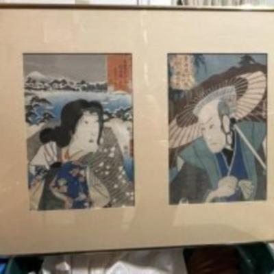 2-Vintage Japanese Signed Woodblocks Artwork in 1-Frame 21" x 28.5" Frame in Good Preowned Condition from an Estate.