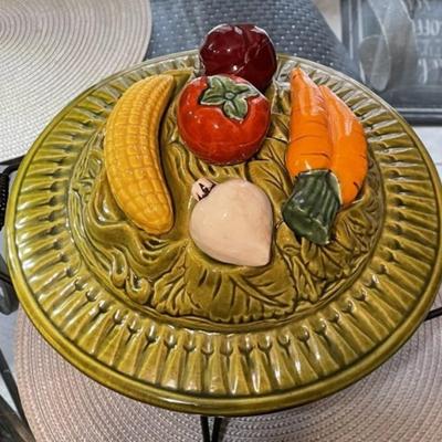Vintage Mid-Century Large Veggie USA Casserole Covered Bowl with Metal Stand Preowned from an Estate in VG Condition as Pictured.