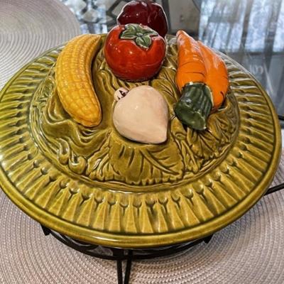 Vintage Mid-Century Large Veggie USA Casserole Covered Bowl with Metal Stand Preowned from an Estate in VG Condition as Pictured.