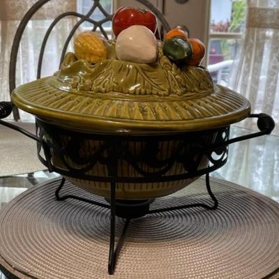 Vintage Mid-Century Large Veggie USA Casserole Covered Bowl with Metal Stand Preowned from an Estate in VG Condition as Pictured.