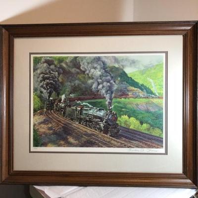 Theodore Xaras 1981 Signed Matted & Framed Pennsylvania Railroad Lithograph Frame Size 21in x 26in Good Preowned Condition.