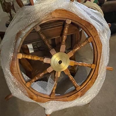 Vintage Large 36" Boat Ship Wooden Steering Wheel Brass Center Nautical Wall Decor Wired for Hanging in Good Preowned Condition.