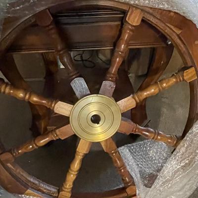 Vintage Large 36" Boat Ship Wooden Steering Wheel Brass Center Nautical Wall Decor Wired for Hanging in Good Preowned Condition.