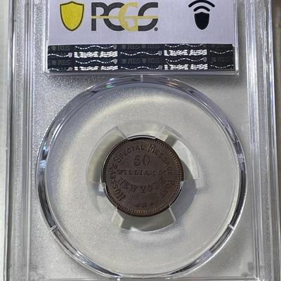 PCGS Certified Scarce 1863 Token F-630AK-1a, Hussey's NY Token, MS62 Brown Nice Original Example as Pictured.