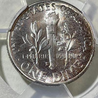 PCGS CERTIFIED 1950-S MS67 SUPERB TONED ROOSEVELT SILVER DIME AS PICTURED.