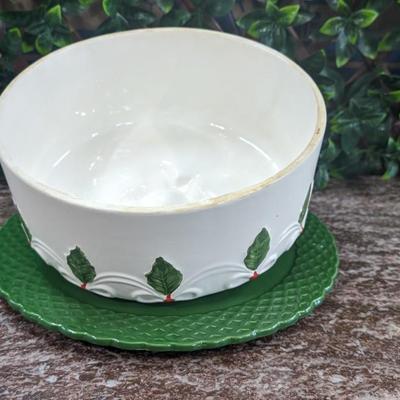Vintage Christmas Cake Plate and Cover Porcelain Holly Berry Bows Portugal