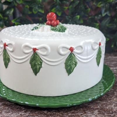 Vintage Christmas Cake Plate and Cover Porcelain Holly Berry Bows Portugal