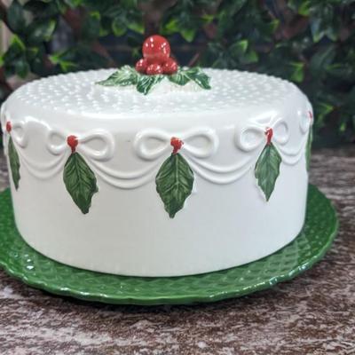 Vintage Christmas Cake Plate and Cover Porcelain Holly Berry Bows Portugal