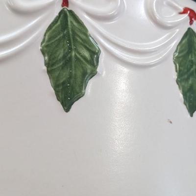 Vintage Christmas Cake Plate and Cover Porcelain Holly Berry Bows Portugal