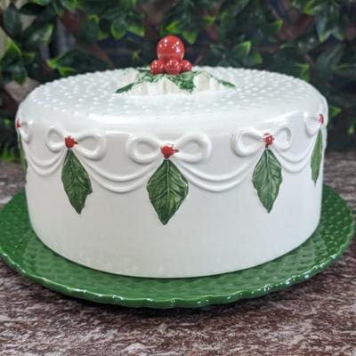 Vintage Christmas Cake Plate and Cover Porcelain Holly Berry Bows Portugal