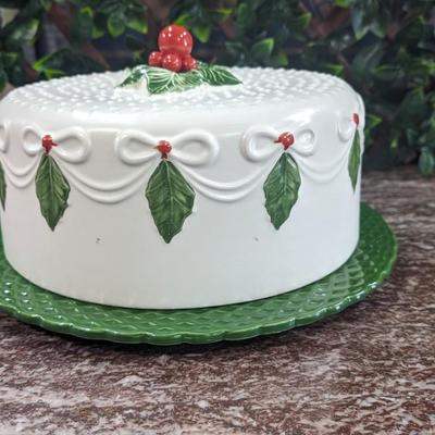 Vintage Christmas Cake Plate and Cover Porcelain Holly Berry Bows Portugal