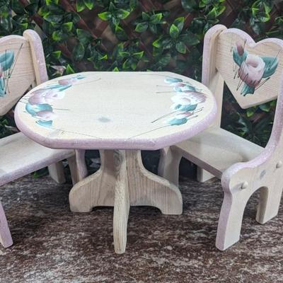 Vintage Hearts Roses Wooden Doll Table and 2 Chairs Pink Hand Painted