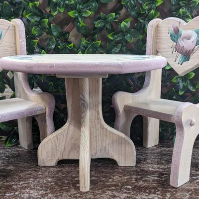 Vintage Hearts Roses Wooden Doll Table and 2 Chairs Pink Hand Painted