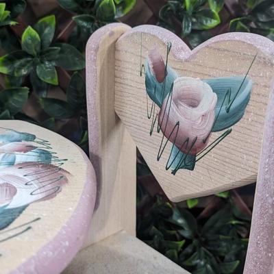 Vintage Hearts Roses Wooden Doll Table and 2 Chairs Pink Hand Painted