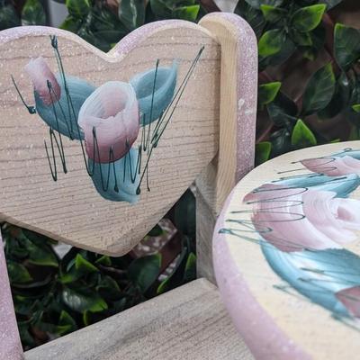 Vintage Hearts Roses Wooden Doll Table and 2 Chairs Pink Hand Painted