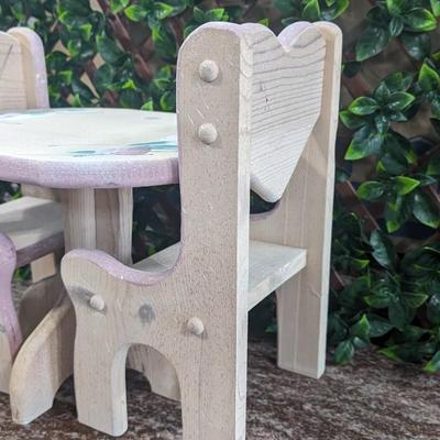 Vintage Hearts Roses Wooden Doll Table and 2 Chairs Pink Hand Painted