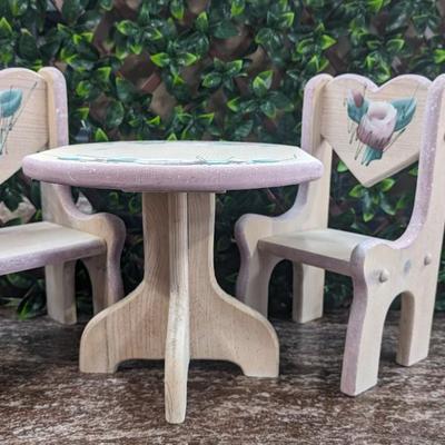 Vintage Hearts Roses Wooden Doll Table and 2 Chairs Pink Hand Painted