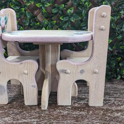 Vintage Hearts Roses Wooden Doll Table and 2 Chairs Pink Hand Painted