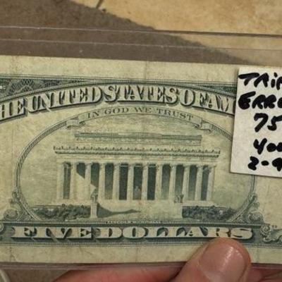 5$ U S Currency miscut error bill