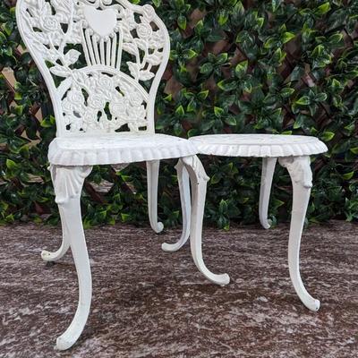 Vintage Hearts Roses Cast Iron Doll Chair and Table White