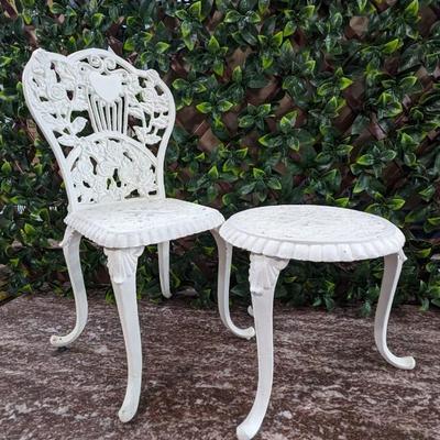 Vintage Hearts Roses Cast Iron Doll Chair and Table White