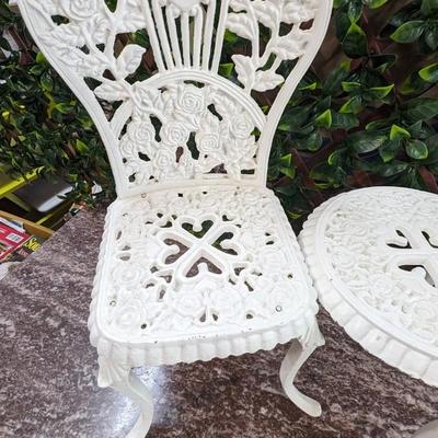 Vintage Hearts Roses Cast Iron Doll Chair and Table White