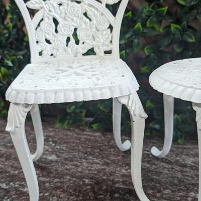 Vintage Hearts Roses Cast Iron Doll Chair and Table White