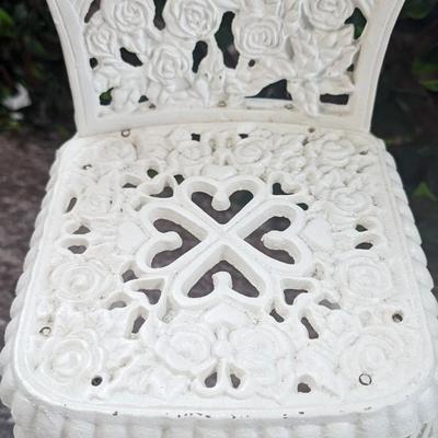 Vintage Hearts Roses Cast Iron Doll Chair and Table White