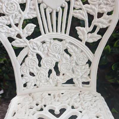 Vintage Hearts Roses Cast Iron Doll Chair and Table White
