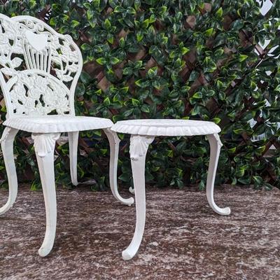 Vintage Hearts Roses Cast Iron Doll Chair and Table White