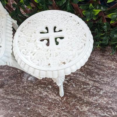Vintage Hearts Roses Cast Iron Doll Chair and Table White