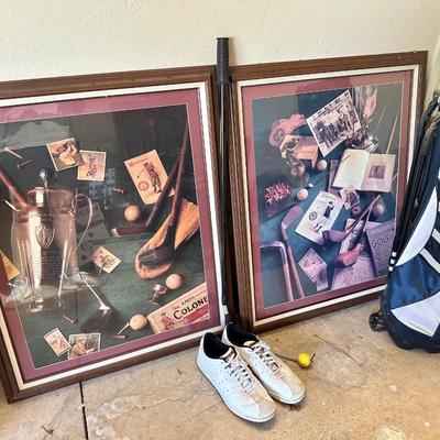 2 framed golf art prints, pair of 101/2 addidas golf shoes and a golf bag