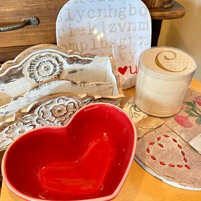 Valentine items, bowl, letter organizer, coasters and decor
