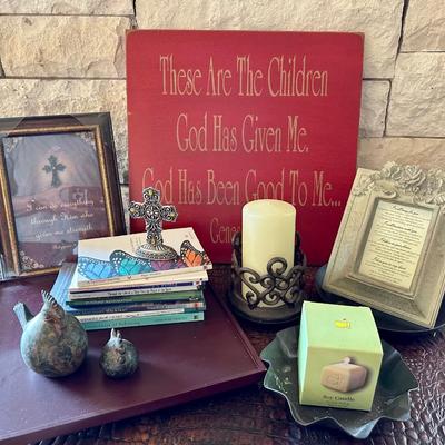 Home decor including, crosses, verse plaque, candles and frame