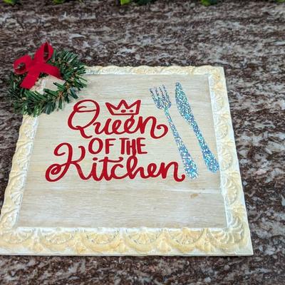 Queen of the Kitchen Decorative Sign Coaster Trivet with Christmas Wreath