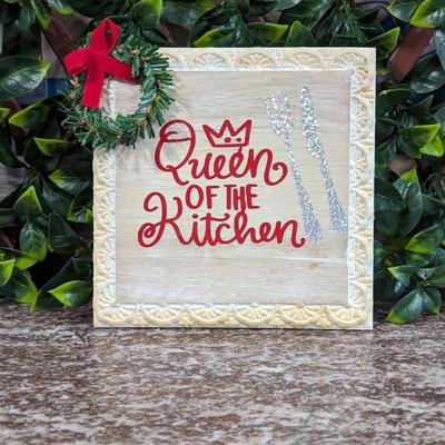 Queen of the Kitchen Decorative Sign Coaster Trivet with Christmas Wreath