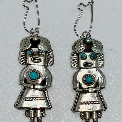 Vintage Orville Manygoat Navajo Pawn Silver and Turquoise Kachina Earrings