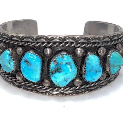 Edward Becenti Navajo Pawn Silver and Turquoise Cuff Bracelet, Kingman Mine