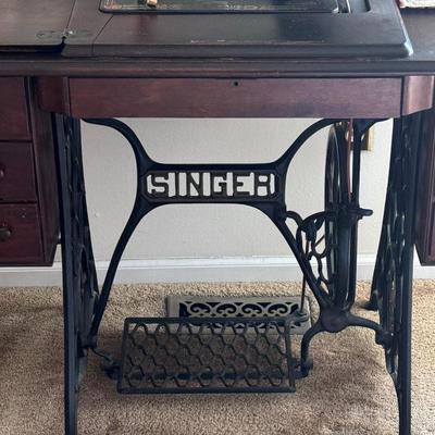Antique Singer 66 Red Eye Treadle Sewing Machine w/ Table