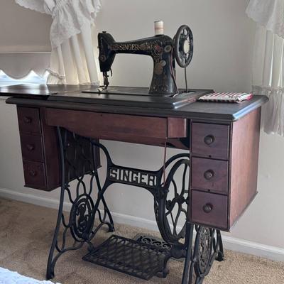 Antique Singer 66 Red Eye Treadle Sewing Machine w/ Table