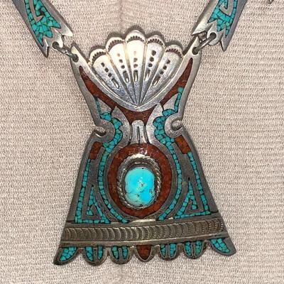 Juan Singer Navajo Pawn Silver, Turquoise, and Coral Necklace