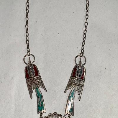Juan Singer Navajo Pawn Silver, Turquoise, and Coral Necklace