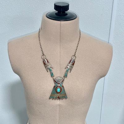Juan Singer Navajo Pawn Silver, Turquoise, and Coral Necklace