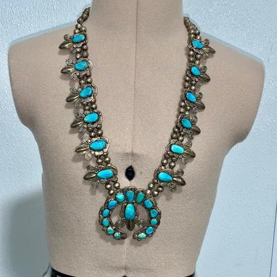 Native American Pawn Silver and Turquoise Squash Blossom Necklace