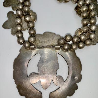 Native American Pawn Silver and Turquoise Squash Blossom Necklace