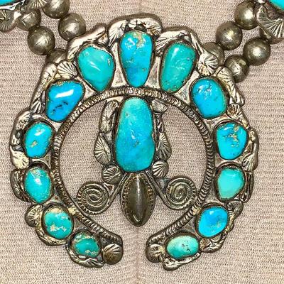 Native American Pawn Silver and Turquoise Squash Blossom Necklace